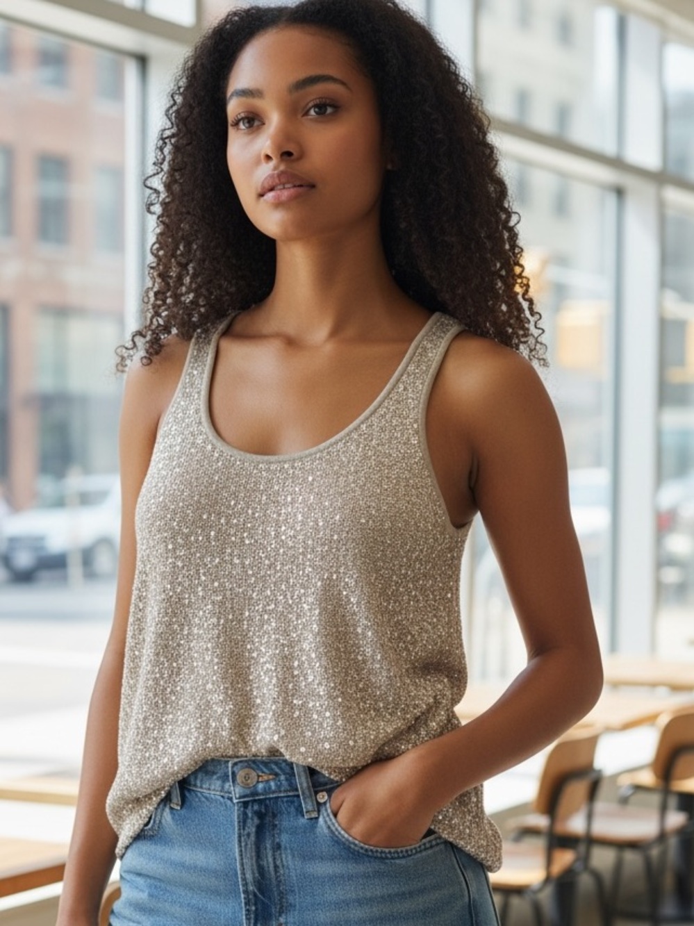 Matty M Taupe Sequin Scoop Neck Tank
